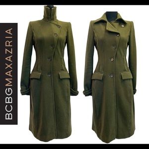 BCBG Maxazria Murdock Olive Green High Neck Military style Coat Size XS
